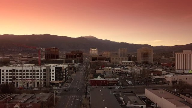 Downtown Colorado Springs Aerial at Sunset