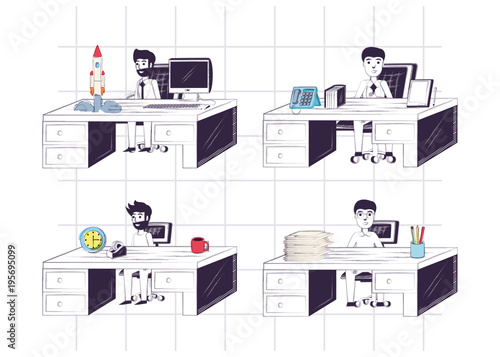 Icon Set Of Men Working At Office Desks Over White Background Icon Set Of Men Working At Office Desks Over White Background Colorful Design Vector Ilration
