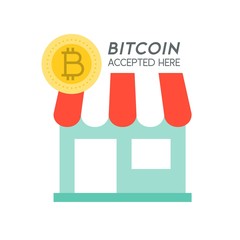 Bitcoin accepted here, cryptocurrency icon, flat design
