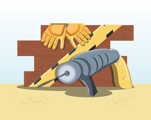 drill and gloves with stack of wooden over white background, colorful design vector illustration