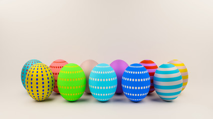 colorful easter eggs on a white.Spring holidays concept 3d rendered