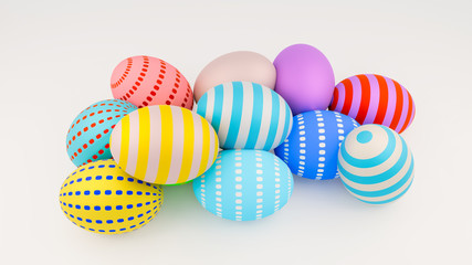 colorful easter eggs on a white.Spring holidays concept 3d rendered