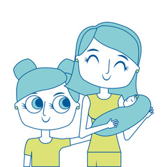 portrait mom carrying her baby and daughter vector illustration green image