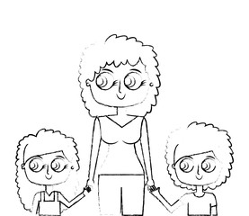 mother and her kids together holding hands portrait vector illustration green image sketch image