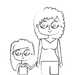 mother holding hand with her daughter vector illustration green image sketch image