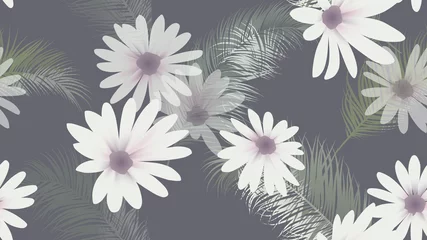 Gordijnen Seamless pattern, white Chrysanthemum flowers with palm leaves on dark gray background © momosama