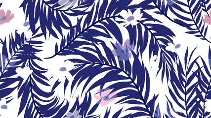 Muurstickers Seamless pattern, palm leaf and cosmos flower on white background, blue and purple tones © momosama