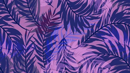 Fotobehang Naadloos patroon, tropisch palmblad op paarse achtergrond, blauwe en paarse tinten © momosama