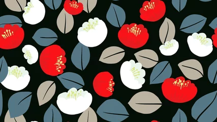 Fotobehang Seamless pattern, full bloom red and white Camellia flowers with leaves on black background © momosama
