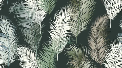 Fotobehang Seamless pattern, tropical palm leaves on dark green background, green tone © momosama