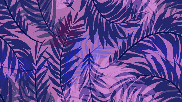 Seamless pattern, tropical palm leaf on purple background, blue and purple tones