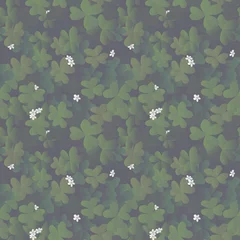 Gordijnen Seamless pattern, clover leaves with white flowers on dark gray background © momosama