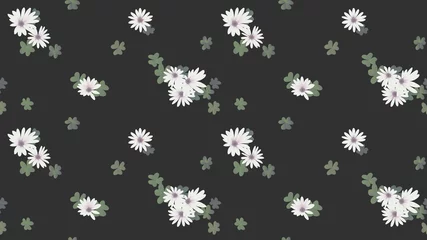 Foto op Canvas Seamless pattern, white Chrysanthemum flowers with clover leaves on black background © momosama