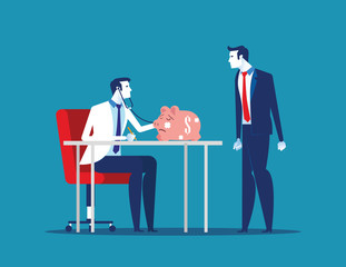 Financial Health. Business person and health check piggy bank. Concept business vector illustration.