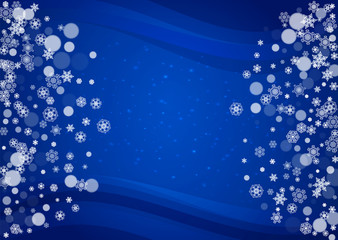 Snowflakes frame on horizontal blue background with sparkles. Merry Christmas and Happy New Year. Falling snowflakes frame for banners, gift cards, party invitation and special business offer