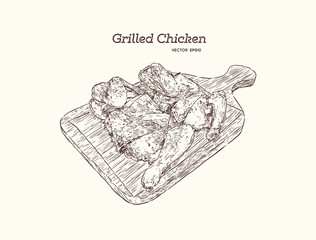 grilled chicken on wood tray. Hand draw sketch vector.