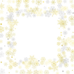 Gold snowflakes frame on white background. New year theme. Stylish shiny Christmas frame for holiday banner, card, sales, special offers. Falling snow with gold snowflakes and glitter for party invite