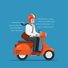 Businessman riding motorcycle or scooter going to work.