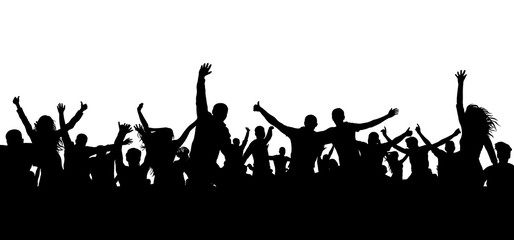Crowd cheerful people silhouette. Happy group of young people dancing at musical party, concert, disco. Joyful mob. Sports fans, applause, cheering. Vector on white background - obrazy, fototapety, plakaty