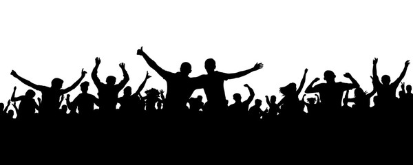 Naklejka na ściany i meble Crowd cheerful people silhouette. Joyful mob. Happy group friends of young people dancing at musical party, concert, disco. Sports fans, applause, cheering. Vector on white background