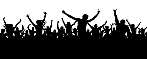 Crowd cheerful people silhouette. Joyful mob. Happy group of young people dancing at musical party, concert, disco. Sports fans, applause, cheering. Vector on white background