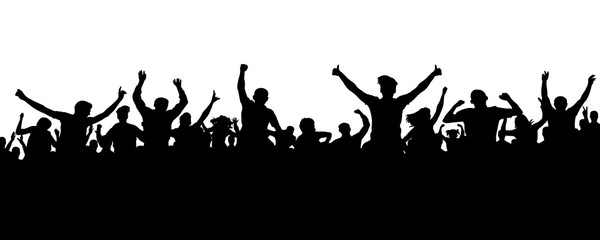 Crowd of people silhouette. Sports banner. Hands up fans. Cheerful life party