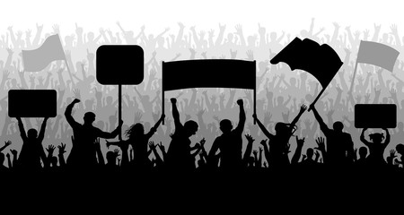 Demonstration, manifestation, protest, strike, revolution. Silhouette background vector. Crowd of people with flags, banners. Sports, mob, fans
