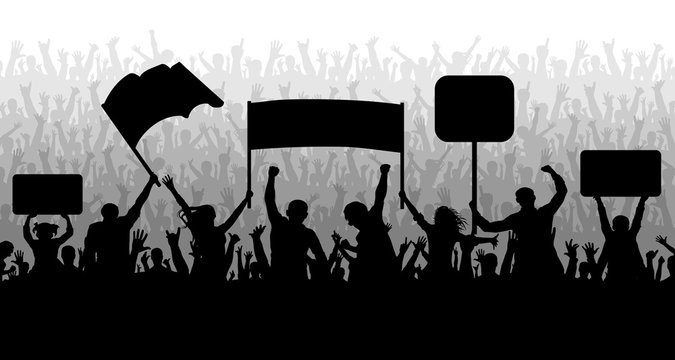 Demonstration, manifestation, protest, strike, revolution. Crowd of people with flags, banners. Sports, mob, fans. Silhouette background vector