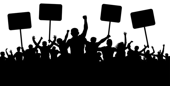 Demonstration, strike, manifestation, protest, revolution. Silhouette background vector. Sports, mob, fans. Crowd of people with flags, banners