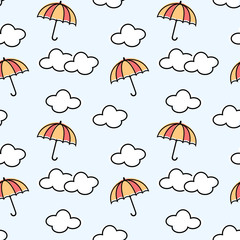 Seamless pattern vector of cute umbrella and cloud on sky background.