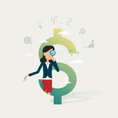 Businesswoman in dollar and icon set business searching through magnifying glass for opportunities concepts. Vector illustration