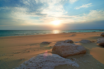 Coast of the sea at sunset. On the shore of the Caspian Sea. The Caspian Sea is the largest enclosed inland water body on Earth by area.