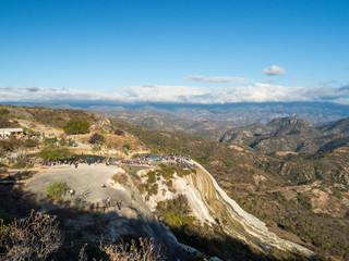 Hierve el agua, natural wonder formation in Oaxaca region in Mexico, hot spring waterfall in the mountains during sunset