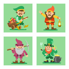 Fairy tale fantastic gnome dwarf elf character poses magical leprechaun cute fairy tale man vector illustration