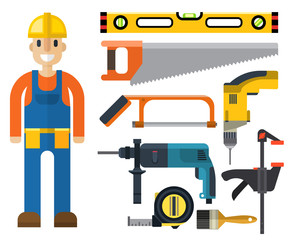 Construction man and building tools carpenter industry worker equipment vector illustration.