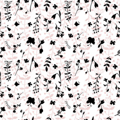 Meadow seamless pattern with a lot of spring and summer flowers from gardens and forests. There are bugs also