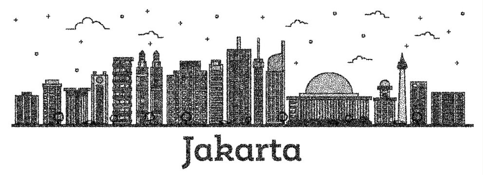 Engraved Jakarta Indonesia City Skyline with Modern Buildings Isolated on White.