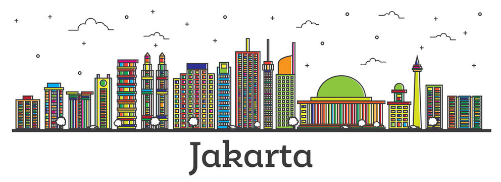 Outline Jakarta Indonesia City Skyline with Color Buildings Isolated on White.