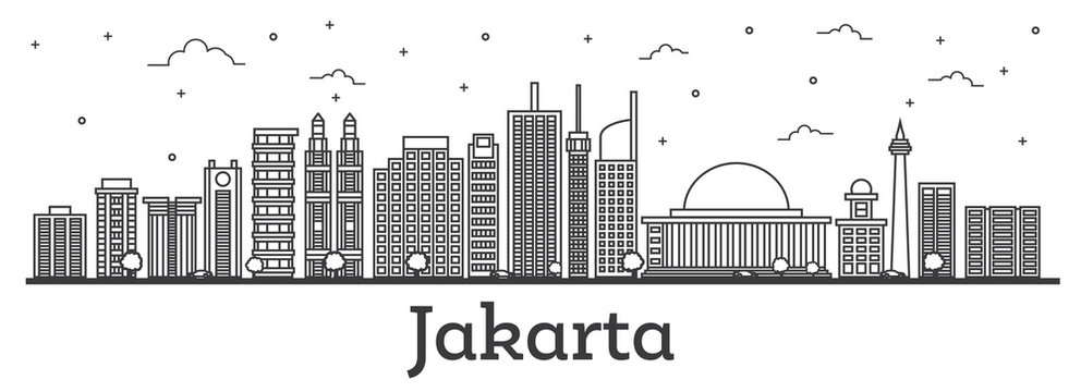 Outline Jakarta Indonesia City Skyline with Modern Buildings Isolated on White.