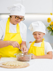 Happy grandmother teaches her grandson to make a dumplings