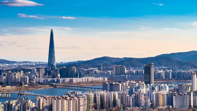 Photographed with time lapse, scenery of downtown Seoul. Seoul, South Korea. panning shot
