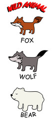 vector set of animal predators: fox, wolf and bear. lovely little smiling animals