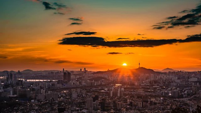 Taken in time-laps, from the beautiful evening sunshine to the night. Seoul, South Korea. Zoom out