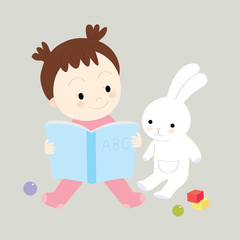 Little girl is reading a book with a white rabbit doll.