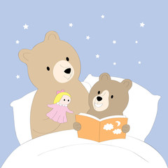 One night, Mom bear and baby bear reading fables before bedtime On a white mattress happily vector.