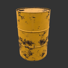 Old rust metal barrel oil on black background. 3d render illustration