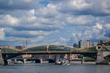 Fototapeta premium Moscow, Russia - July 3, 2005: Pushkin Bridge across the Moscow River, Christ the Savior Cathedral and Gorky park