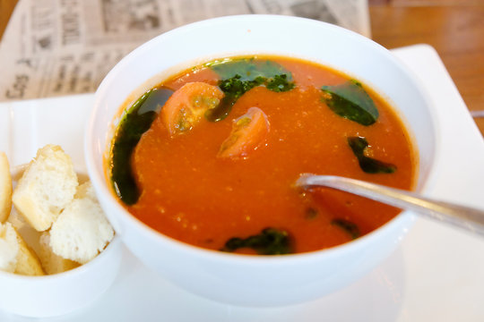 Moroccan tomato soup with croutons of ciabatta