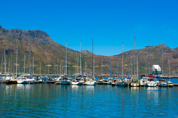Fototapeta na wymiar Hout bay view with boat in the sea, Cape Town, South Africa
