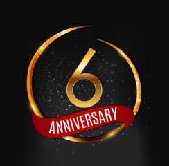 Fototapeta na wymiar Template Gold Logo 6 Years Anniversary with Red Ribbon Vector Illustration